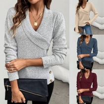 Fashion Lapel V-neck Long Sleeve Side Button Sweater