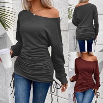 Fashion Crew Neck Long Sleeve Side Drawstring Shirt