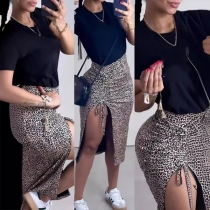 Fashion Two-piece Set Consist of Black Shirt and Leopard Skirt with Side Drawstring Slit