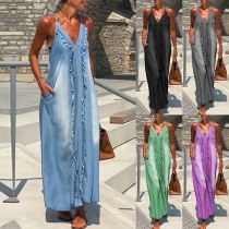 Casual V-neck Sleeveless Side Patch Pockets Front Ruffle Gradient Color Maxi Dress