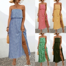 Bohemian Style Floral Printed Strapless Side Slit Maxi Dress
