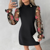 Fashion Mock Neck Floral Embroidered Gauze Spliced Long Sleeve Mini Dress