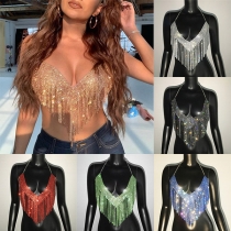 Fashion Bling-bling Rhinestone Tassel Halter Neck Top
