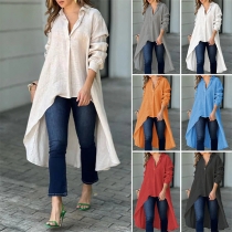 Casual Stand Collar Button V-neck Long Sleeve High-low Hemline Shirt