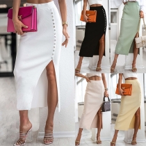 Fashion High-rise Side Button Slit Ribbed Skirt