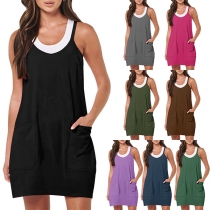Casual Crew Neck Sleeveless Patch Pockets Romper