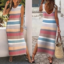 Fashion Colorful Striped Printed V-neck Sleeveless Side Slit Maxi Tank Dress