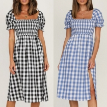 Fashion Plaid Square Neck Short Sleeve Side Slit Dress