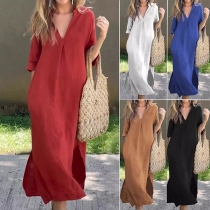 Casual Solid Color V-neck Elbow Sleeve Side Slit Loose Dress