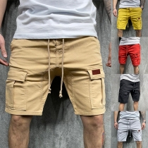 Fashion Solid Color Drawstring Wait Side Patch Pockets Cargo Shorts for Men