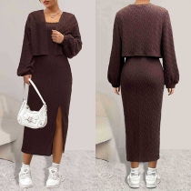 Elegant Two-piece Cable Knitted Dress Consist of Cardigan and Bodycon Slit Dress