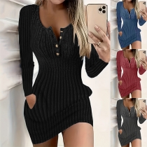 Fashion Button Crew Neck Long Sleeve Side Pockets Ribbed Dress