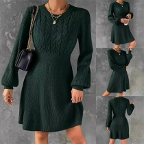 Elegant Cable Pattern Crew Neck Lantern Long Sleeve Sweater Dress