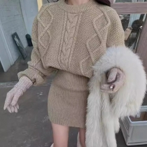 Elegant Cable Pattern Crew Neck Long Sleeve Sweater Dress