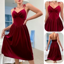 Sexy V-neck High-rise Backless Self-tie Shoulder Strap Nightwear Dress