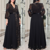 Fashion Gauze Spliced Contrast Color Printed V-neck Long Sleeve Midi Party Dress