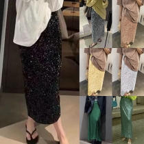 Fashion Bling-bling Sequin Mock Neck Long Sleeve Elastic Maxi Dress