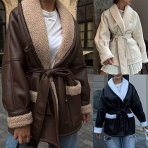 Fashion Contrast Color Plush Lined Lapel Long Sleeve Patch Pockets Self-tie Artificial Leather PU Jacket
