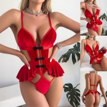 Fashion V-neck Contrast Color Button Ruffle Red Lingerie Bodysuit
