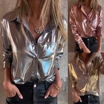Fashion Shine Color Stand Collar Long Sleeve Front Button Blouse