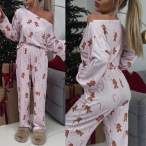 Fashion Two-piece Loungewear Set for Christmas Consist of One-shoulder Shirt and Pants