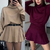 Fashion Knitted Two-piece Set Consist of Turtleneck Sweater and Pleated Skirt