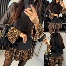 Fashion Leopard Printed Spliced Crew Neck Long Sleeve Ruffle Hemline Bodycon Dress