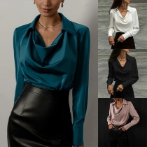 Elegant Stand Draped Neck Long Sleeve Shirt