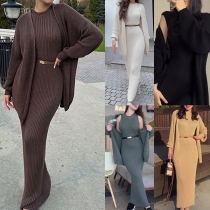 Fashion Ribbed Two-piece Set Consist of Maxi Bodycon Dress and Cardigan