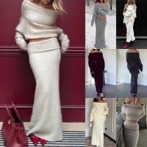 Fashion Ribbed Two-piece Set Consist of Off-the-shoulder Sweater and Maxi Skirt