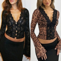 Sexy Leopard Printed Lace Spliced Long Sleeve Cardigan