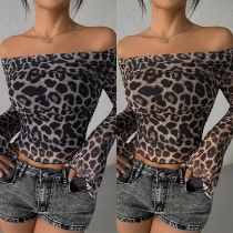 Sexy Off-the-shoulder Leopard Printed Long Sleeve Slim-fit Shirt