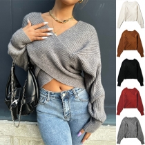Fashion Solid Color V-neck Long Sleeve Knitted Sweater