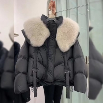 Fashion Artificial Fur Spliced Collar Long Sleeve Quilted Jacket