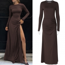 Fashion Crew Neck Long Sleeve Side Slit Maxi Dress