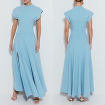 Elegant Solid Color Mock Neck Sleeveless Maxi Party Dress