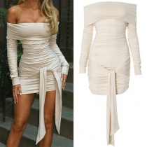 Elegant Off-the-shoulder Long Sleeve Ruched Self-tie Bodycon Dress