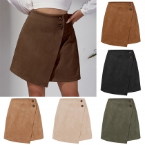 Fashion Solid Color Side Button Slit Irregular Hemline Suede Skirt