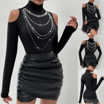 Sexy Bling-bling Rhinestone Tassel Mock Neck Open-shoulder Long Sleeve Shirt