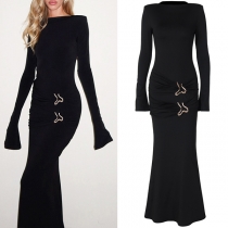Sexy Crew Neck Long Sleeve Ruched Bucklet Bodycon Maxi Dress