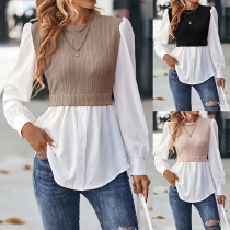 Fashion Contrast Color Crew Neck Long Sleeve Mock-two-piece Shirt