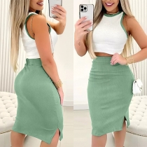 Sexy Contrast Color Ribbed Two-piece Set Consist of Crop Top and Slit Skirt