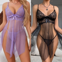 Sexy Lace Spliced Gauze V-neck Slit Semi-through Lingerie Nightwear