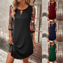 Fashion Crew Neck Front Cut Out Floral Embroidery Elbow Sleeve Mini Dress