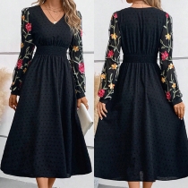 Elegant Swiss-dot V-neck Floral Embroidered Long Sleeve High-rise Midi Dress