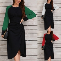 Fashion Contrast Color Crew Neck Long Sleeve Irregular Hemline Bodycon Dress