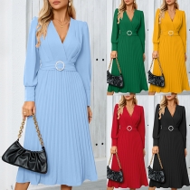 Fashion V-neck Puff Long Sleeve Pleated Dress with Belt