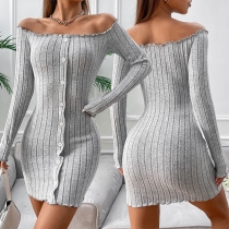 Sexy Off-the-shoulder Long Sleeve Front Button Ribbed Dress