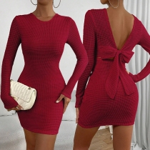Sexy Crew Neck Backless Bowknot Long Sleeve Bodycon Dress