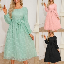 Fashion Swiss-dot Square Neck Long Sleeve Self-tie Waist Midi Dress